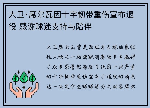 大卫·席尔瓦因十字韧带重伤宣布退役 感谢球迷支持与陪伴 大卫·席尔瓦因十字韧带重伤宣布退役 感谢球迷支持与陪伴