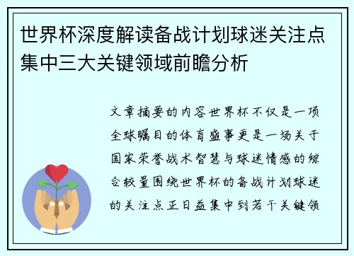 世界杯深度解读备战计划球迷关注点集中三大关键领域前瞻分析 世界杯深度解读备战计划球迷关注点集中三大关键领域前瞻分析