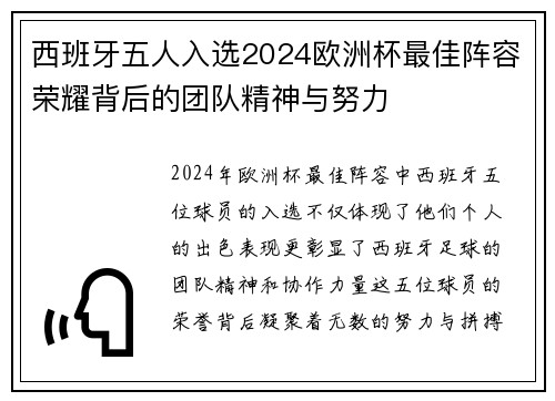 西班牙五人入选2024欧洲杯最佳阵容荣耀背后的团队精神与努力 西班牙五人入选2024欧洲杯最佳阵容荣耀背后的团队精神与努力